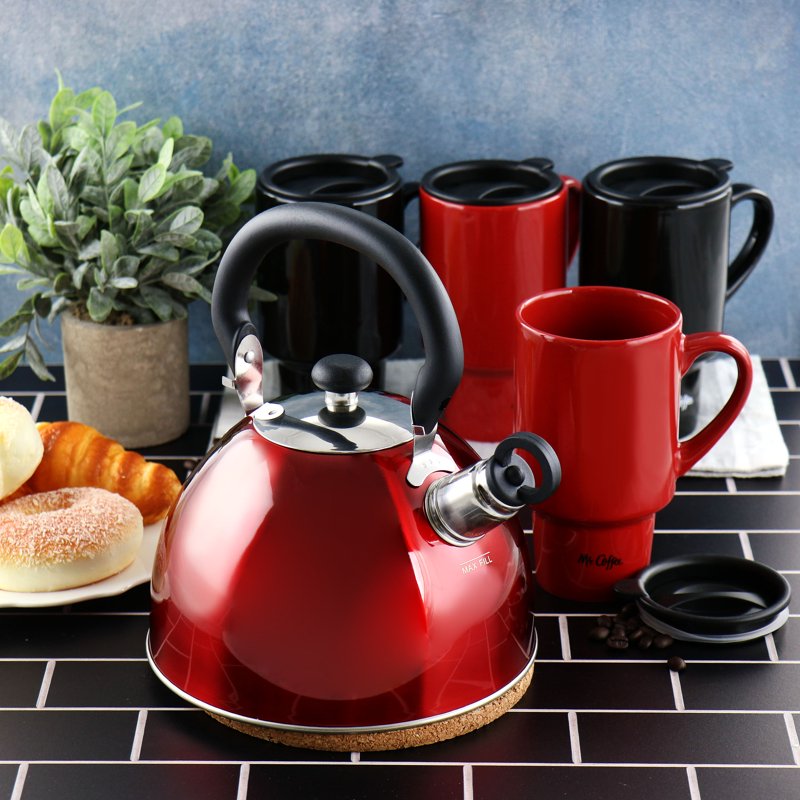 Whistling Tea Kettle and Travel Mug Set in Red and Black