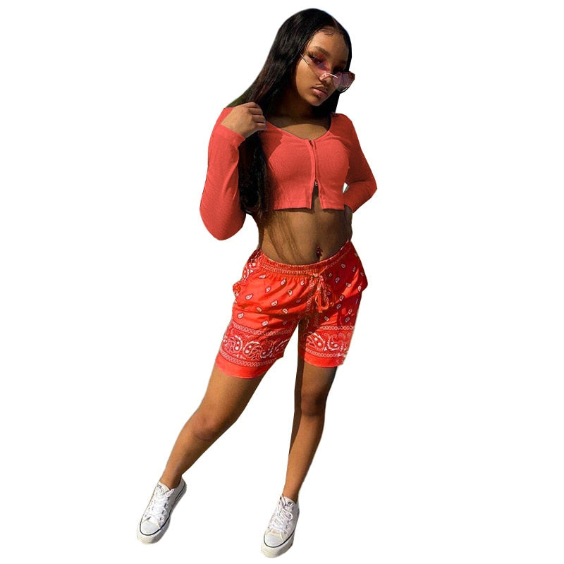 Women Tracksuits with Cropped Tops and Print Shorts (2 PC)
