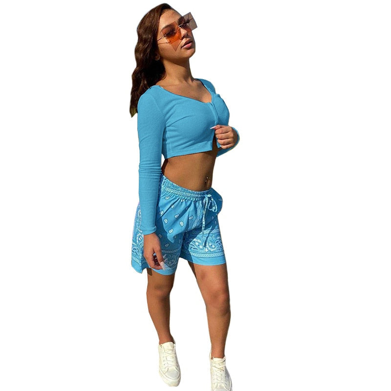 Women Tracksuits with Cropped Tops and Print Shorts (2 PC)