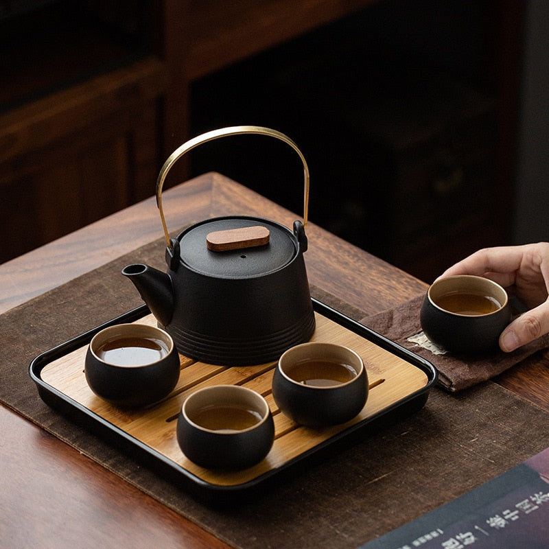 Japanese Style Black Pottery Teapot Tea Set